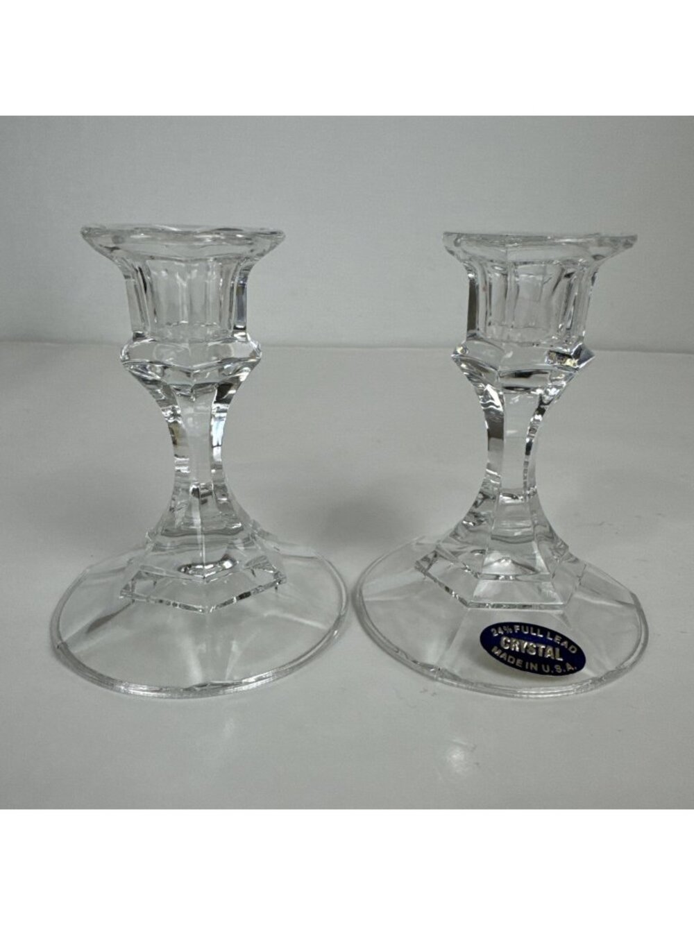 (2) Vtg Crystal Taper Candle Stick Holders USA 24% Full Lead 4" tall glass